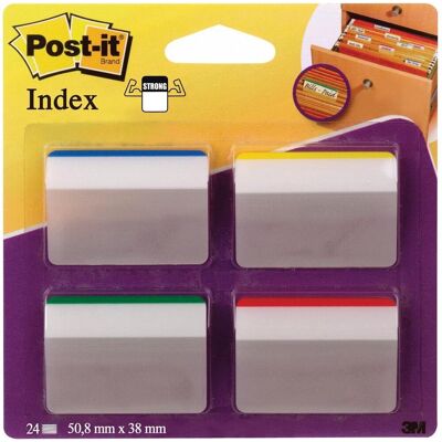 Post-it ® index strong, voor hangmappen, gebogen, blauw, groen, rood, geel, 38 x 50,8 mm, 6 tabs/kleur/pak Post-it ® index strong, voor hangmappen, gebogen, blauw, groen, rood, geel, 38 x 50,8 mm, 6 tabs/kleur/pak