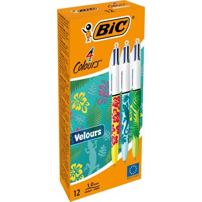 BIC 4 kleuren velours uitschuifbare balpen - verschillende jungle decors - doos van 12 stuks - medium punt 1 mm BIC 4 kleuren velours uitschuifbare balpen - verschillende jungle decors - doos van 12 stuks - medium punt 1 mm