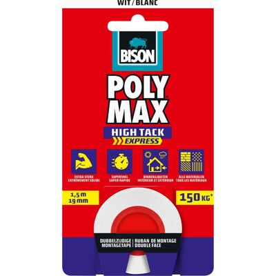 Bison Poly max® high tack express montage tape wit, universele dubbelzijdige montagetape 1,5 meter x 19mm, eenvoudig in gebruik, extra sterk, supersnel, ophangen zonder boren Bison Poly max® high tack express montage tape wit, universele dubbelzijdige montagetape 1,5 meter x 19mm, eenvoudig in gebruik, extra sterk, supersnel, ophangen zonder boren