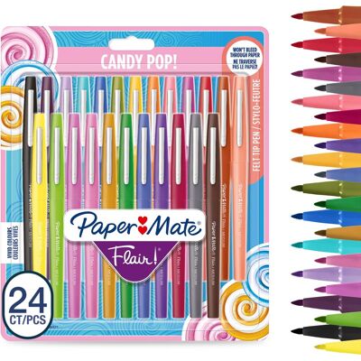 Paper Mate flair-viltstiften medium punt (0,7 mm) diverse candy pop-kleuren 24 stuks Paper Mate flair-viltstiften medium punt (0,7 mm) diverse candy pop-kleuren 24 stuks