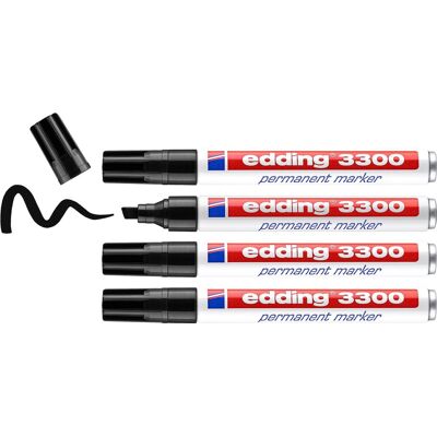 Edding 3300 permanent marker - zwart - 4 stiften - beitel punt 1-5 mm - water en wrijfvast -voor karton, kunststof, hout, metaal, etc. - alcohol markers voor volwassenen Edding 3300 permanent marker - zwart - 4 stiften - beitel punt 1-5 mm - water en wrijfvast -voor karton, kunststof, hout, metaal, etc. - alcohol markers voor volwassenen
