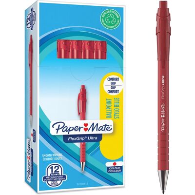 Paper Mate flexgrip ultra-balpen met drukknop medium punt (1,0 mm) rood 12 stuks Paper Mate flexgrip ultra-balpen met drukknop medium punt (1,0 mm) rood 12 stuks