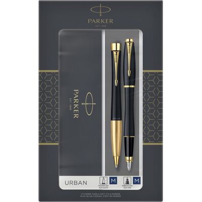 Parker urban duo geschenkset met balpen en vulpen zacht zwart met gouden trim blauwe inkt geschenkverpakking Parker urban duo geschenkset met balpen en vulpen zacht zwart met gouden trim blauwe inkt geschenkverpakking