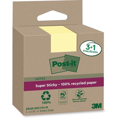 Post-it - super sticky notes recycled 70 vel ft 76 x 76 mm geel 3 + 1 gratis Post-it - super sticky notes recycled 70 vel ft 76 x 76 mm geel 3 + 1 gratis