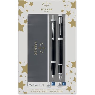 Parker im duo geschenkset met balpen en vulpen glanzend zwart met chromen afwerking inktnavulling en inktpatroon met blauwe inkt cadeauverpakking Parker im duo geschenkset met balpen en vulpen glanzend zwart met chromen afwerking inktnavulling en inktpatroon met blauwe inkt cadeauverpakking