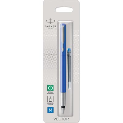 Parker vector-vulpen blauw met chrome afwerking mediumpunt blauwe inkt hangtab Parker vector-vulpen blauw met chrome afwerking mediumpunt blauwe inkt hangtab