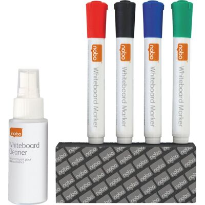 Nobo whiteboard droog reiniging starterkit - 1 spray - 4 stiften - 1 wisser Nobo whiteboard droog reiniging starterkit - 1 spray - 4 stiften - 1 wisser