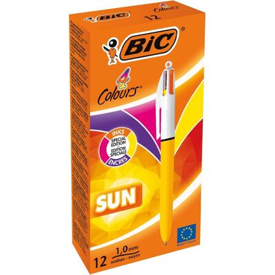 BIC 4 colours sun, balpen, 0,32mm, 4 fashion inktkleuren, lichaam geel, doos van 12 BIC 4 colours sun, balpen, 0,32mm, 4 fashion inktkleuren, lichaam geel, doos van 12