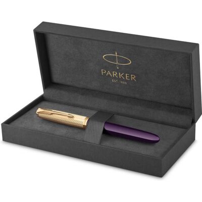 Parker 51 vulpen 18k puur goud pruimkleurige hars gouden detail fijne punt met zwarte inkt geschenkverpakking Parker 51 vulpen 18k puur goud pruimkleurige hars gouden detail fijne punt met zwarte inkt geschenkverpakking