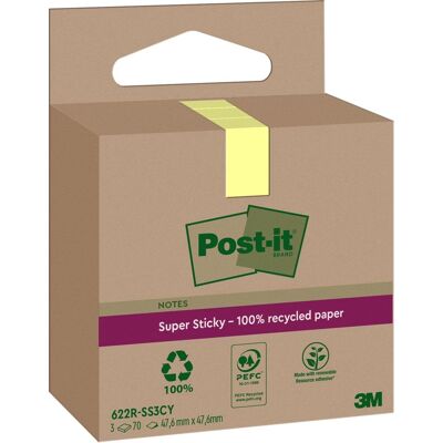 Post-it super sticky notes recycled 70 vel ft 47 6 x 47 6 mm geel pak van 3 blokken Post-it super sticky notes recycled 70 vel ft 47 6 x 47 6 mm geel pak van 3 blokken