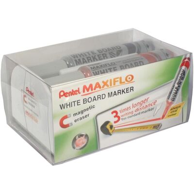 Pentel whiteboardmarker maxiflo set van 4 stuks: blauw rood groen en zwart + magnetische bordwisser Pentel whiteboardmarker maxiflo set van 4 stuks: blauw rood groen en zwart + magnetische bordwisser