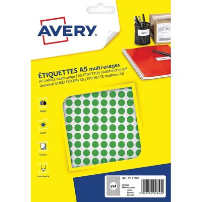 Avery Etiket a5 8mm rond blister 2940st groen Avery Etiket a5 8mm rond blister 2940st groen