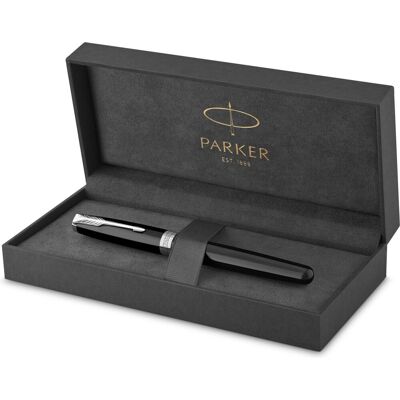 Parker sonnet vulpen, metaal en zwarte lak met palladiumdetails, roestvrijstalen medium penpunt Parker sonnet vulpen, metaal en zwarte lak met palladiumdetails, roestvrijstalen medium penpunt