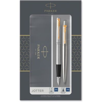 Parker jotter duo geschenkset met balpen en vulpen roestvrij staal met gouden trim blauwe inktvulling en patronen geschenkverpakking Parker jotter duo geschenkset met balpen en vulpen roestvrij staal met gouden trim blauwe inktvulling en patronen geschenkverpakking