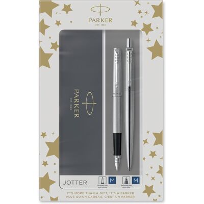 Parker jotter duo geschenkset met balpen en vulpen roestvrij staal met chromen afwerking inktnavulling en inktpatronen met blauwe inkt geschenkverpakking Parker jotter duo geschenkset met balpen en vulpen roestvrij staal met chromen afwerking inktnavulling en inktpatronen met blauwe inkt geschenkverpakking