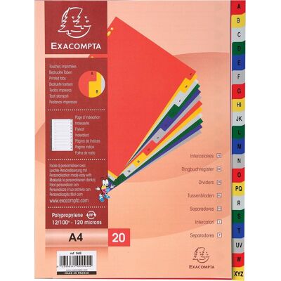 Exacompta tabbladen voor ft a4, uit pp, van a tot z, 20 tabs, met indexblad, geassorteerde kleuren Exacompta tabbladen voor ft a4, uit pp, van a tot z, 20 tabs, met indexblad, geassorteerde kleuren