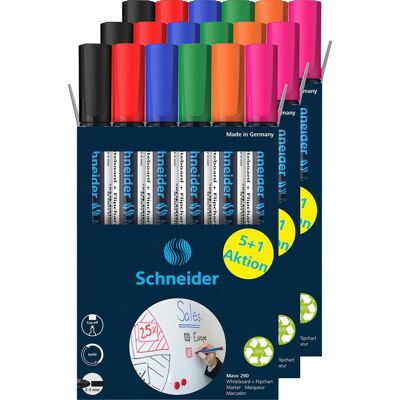 Schneider Schrijfwaren Schneider whiteboard stiften - maxx 290 - ronde punt - 3x doos - 5+1 gratis - voor whiteboard - s-399317 Schneider Schrijfwaren Schneider whiteboard stiften - maxx 290 - ronde punt - 3x doos - 5+1 gratis - voor whiteboard - s-399317