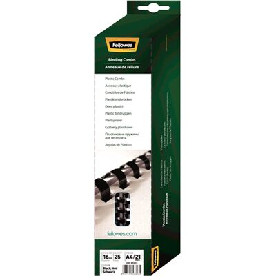 Fellowes plastic bindruggen 16mm - zwart 25 stuks Fellowes plastic bindruggen 16mm - zwart 25 stuks