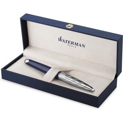 Waterman carène vulpen metaal-blauwe lak met palladium detail gebeitelde dop 18k gouden medium penpunt Waterman carène vulpen metaal-blauwe lak met palladium detail gebeitelde dop 18k gouden medium penpunt