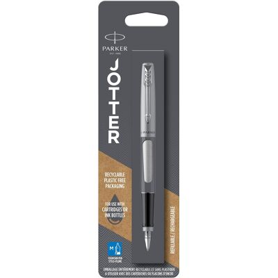 Parker jotter vulpen roestvrij staal met chromen afwerking medium penpunt blauwe inkt Parker jotter vulpen roestvrij staal met chromen afwerking medium penpunt blauwe inkt