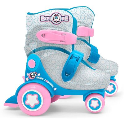 Stamp Rolschaatsen “explore” voor meisjes, blauw/roze met een doorzichtige schaal, maten 23-26 Stamp Rolschaatsen “explore” voor meisjes, blauw/roze met een doorzichtige schaal, maten 23-26