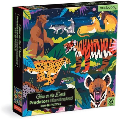 Mudpuppy glow in the dark puzzel - landroofdieren - 51x51cm - 500 stukjes - 8 jaar Mudpuppy glow in the dark puzzel - landroofdieren - 51x51cm - 500 stukjes - 8 jaar