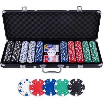 Engelhart Pokerset 500 chips (11,5 gram) in zwarte koffer - met 2 sets speelkaarten, 5 dobbelstenen en dealer buttons Engelhart Pokerset 500 chips (11,5 gram) in zwarte koffer - met 2 sets speelkaarten, 5 dobbelstenen en dealer buttons