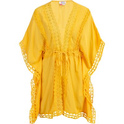 IZIA Kimono met gaatjeskant Dames geel M IZIA Kimono met gaatjeskant Dames geel M