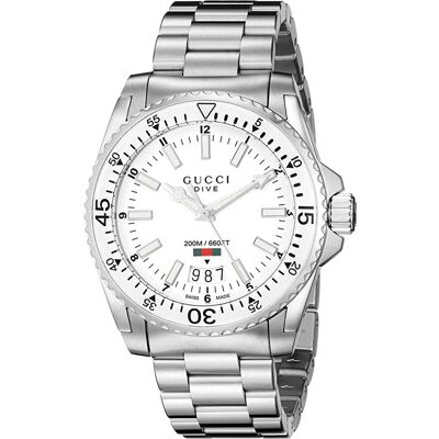 Gucci - Duik RVS Horloge met Witte Wijzerplaat voor Mannen One Size Gucci - Duik RVS Horloge met Witte Wijzerplaat voor Mannen One Size