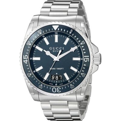 Gucci YA136203 Heren Duikhorloge met Blauwe Wijzerplaat en Roestvrijstalen Armband One Size Gucci YA136203 Heren Duikhorloge met Blauwe Wijzerplaat en Roestvrijstalen Armband One Size