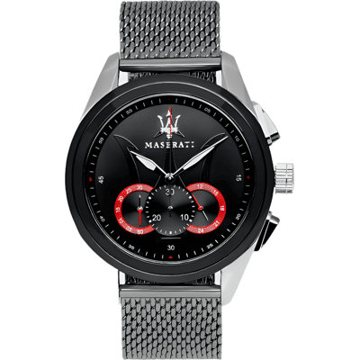 Maserati Traguardo herenhorloge met chronograaf, zwarte wijzerplaat en zilverkleurige mesh armband One Size Maserati Traguardo herenhorloge met chronograaf, zwarte wijzerplaat en zilverkleurige mesh armband One Size