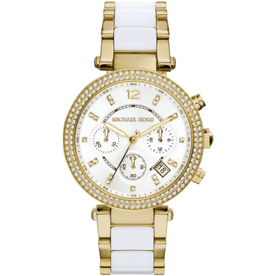 Michael Kors Parker MK6119 Dames Twee-Tonige Chronograaf Horloge 39 mm Goud & Wit One Size Michael Kors Parker MK6119 Dames Twee-Tonige Chronograaf Horloge 39 mm Goud & Wit One Size