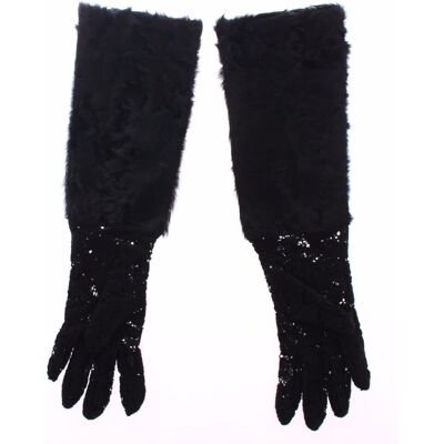 Dolce & Gabbana Zwarte Kant Wol Lamsleer Bont Elleboog Vrouwenhandschoenen S Dolce & Gabbana Zwarte Kant Wol Lamsleer Bont Elleboog Vrouwenhandschoenen S