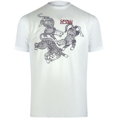 Cavalli Class Traditioneel Stijl Luipaard Grafisch Off White T-shirt 2XL Cavalli Class Traditioneel Stijl Luipaard Grafisch Off White T-shirt 2XL