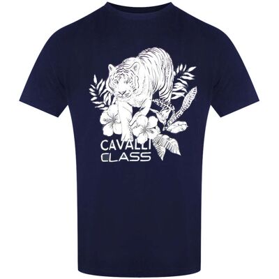 Cavalli Class Tiger Floral Logo Marineblauw T-shirt XL Cavalli Class Tiger Floral Logo Marineblauw T-shirt XL