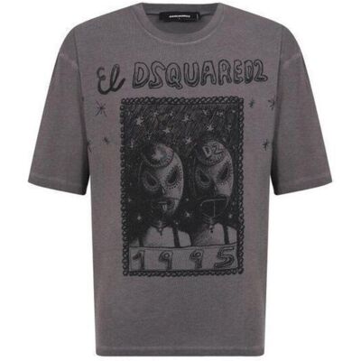 DSquared2 Heren El Grafisch T-shirt Loose Fit (Houtskool Grijs) XS DSquared2 Heren El Grafisch T-shirt Loose Fit (Houtskool Grijs) XS