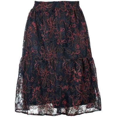 Conquista Zwarte kanten rok met donkerrode stiksels – Viscose-wolmix, onder de knie, elastische taille S Conquista Zwarte kanten rok met donkerrode stiksels – Viscose-wolmix, onder de knie, elastische taille S