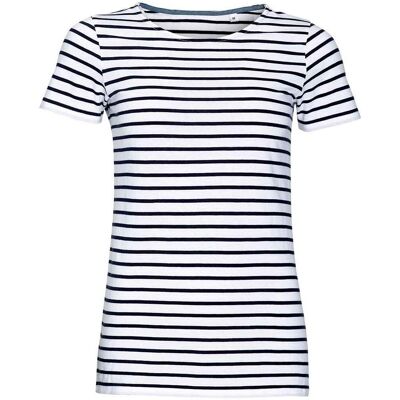 SOLS Dames/Dames Miles Gestreept Rond Hals T-shirt (Wit/Zwaar) S SOLS Dames/Dames Miles Gestreept Rond Hals T-shirt (Wit/Zwaar) S