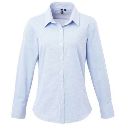 Premier Dames/Dames Micro Gingham geruit katoenen shirt met lange mouwen (Lichtblauw) XS Premier Dames/Dames Micro Gingham geruit katoenen shirt met lange mouwen (Lichtblauw) XS