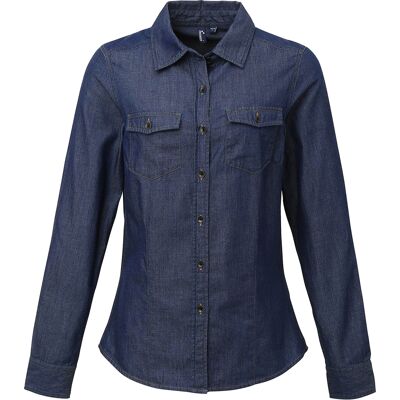 Premier Dames/dames Jeanssteek Denimshirt met lange mouwen (Indigo Denim) M Premier Dames/dames Jeanssteek Denimshirt met lange mouwen (Indigo Denim) M
