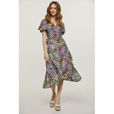 Conquista Wikkeljurk met roffeldetails en dierenprint S Conquista Wikkeljurk met roffeldetails en dierenprint S