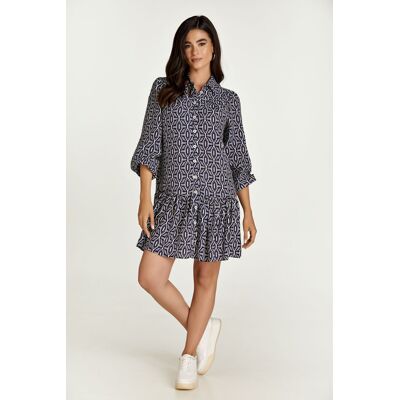 Conquista Navy en witte print jurk met knopen XL Conquista Navy en witte print jurk met knopen XL
