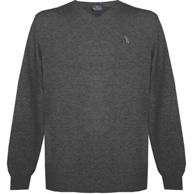 Aquascutum heren lange mouwen / v-hals knitwear jumper met logo in ultra donkergrijs M Aquascutum heren lange mouwen / v-hals knitwear jumper met logo in ultra donkergrijs M