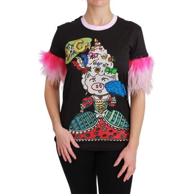 Dolce & Gabbana Zwarte JAAR VAN DE VARKEN Top Katoenen T-shirt XS Dolce & Gabbana Zwarte JAAR VAN DE VARKEN Top Katoenen T-shirt XS