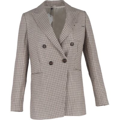 Brunello Cucinelli Pre-owned Brunello Cucinelli double-breasted blazer met pied-de-poulepatroon in beige wol 42 Brunello Cucinelli Pre-owned Brunello Cucinelli double-breasted blazer met pied-de-poulepatroon in beige wol 42