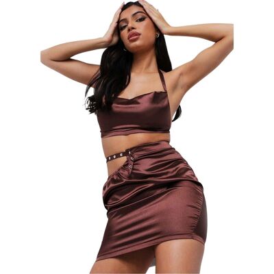 Missyempire Missy Empire Satijnen minirok met studs voor dames (Chocolade) 36 Missyempire Missy Empire Satijnen minirok met studs voor dames (Chocolade) 36