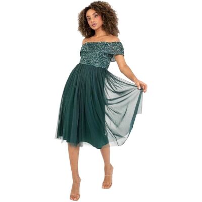 Maya Deluxe Dames Sequin Bardot Korte Mouw Midi Jurk (Emerald) 56 Maya Deluxe Dames Sequin Bardot Korte Mouw Midi Jurk (Emerald) 56
