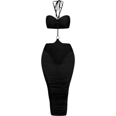 Honeyz Midi-jurk met halternek en mesh-details voor dames, met strakke pasvorm (Zwart) M Honeyz Midi-jurk met halternek en mesh-details voor dames, met strakke pasvorm (Zwart) M