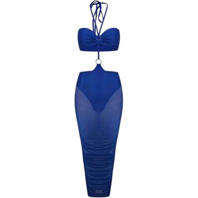Honeyz Midi-jurk met halternek en mesh-details voor dames, met strakke pasvorm (Blauw) L Honeyz Midi-jurk met halternek en mesh-details voor dames, met strakke pasvorm (Blauw) L
