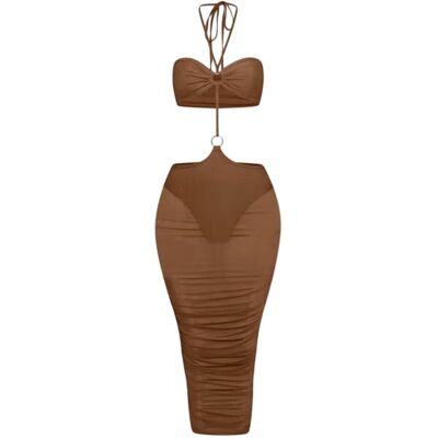 Honeyz Midi-jurk met halternek en mesh-details voor dames, met strakke pasvorm (Bruin) S Honeyz Midi-jurk met halternek en mesh-details voor dames, met strakke pasvorm (Bruin) S
